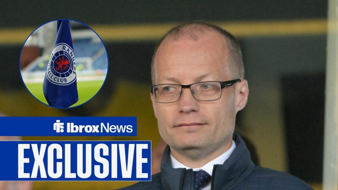 Willie Collum watches on, with a Rangers corner flag in a circular frame inset