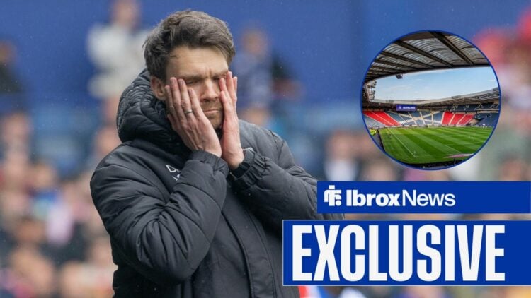 Danny Rohl with his head in his hands, with an image of Hampden in a circular frame inset