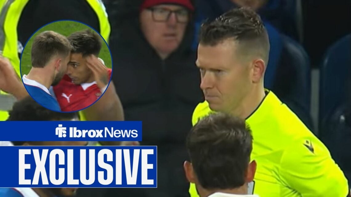 UEFA referee Allard Lindhout looking towards a circle inset of Rodrigo Zalazar headbutting Nico Raskin in Rangers vs Braga