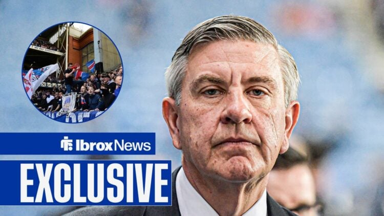 Andrew Cavenagh is straight-faced ahead of a Rangers match, with Rangers fans in a circular frame inset