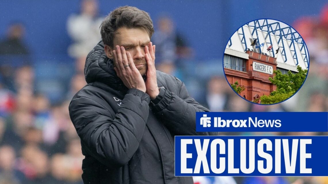 Danny Rohl with his head in his hands, with Ibrox in a circular frame inset