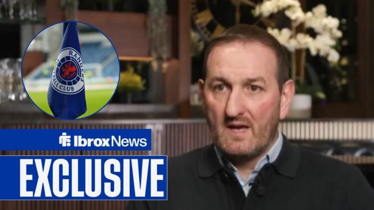 Kevin Thelwell speaks in an interview, with a circular frame of Ibrox alongside him