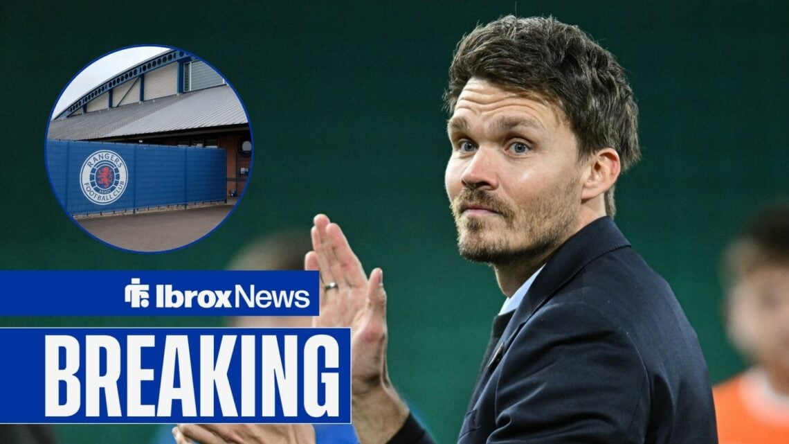 Danny Rohl claps, with an image of Rangers' training ground in a circular frame inset