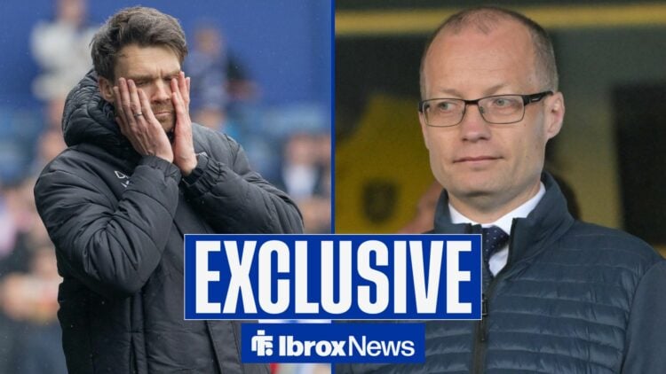 Danny Rohl with his head in his hands as Willie Collum looks on straight faced in 50/50 split