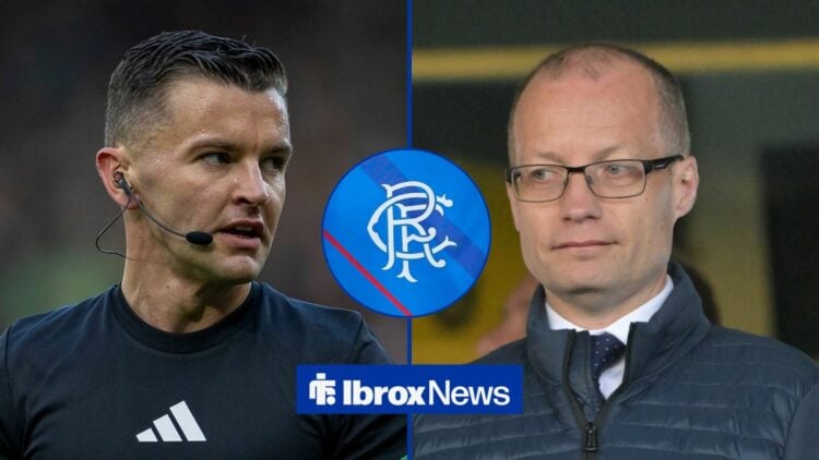 Nick Walsh and Willie Collum straight faced in 50-50 split with Rangers badge in middle