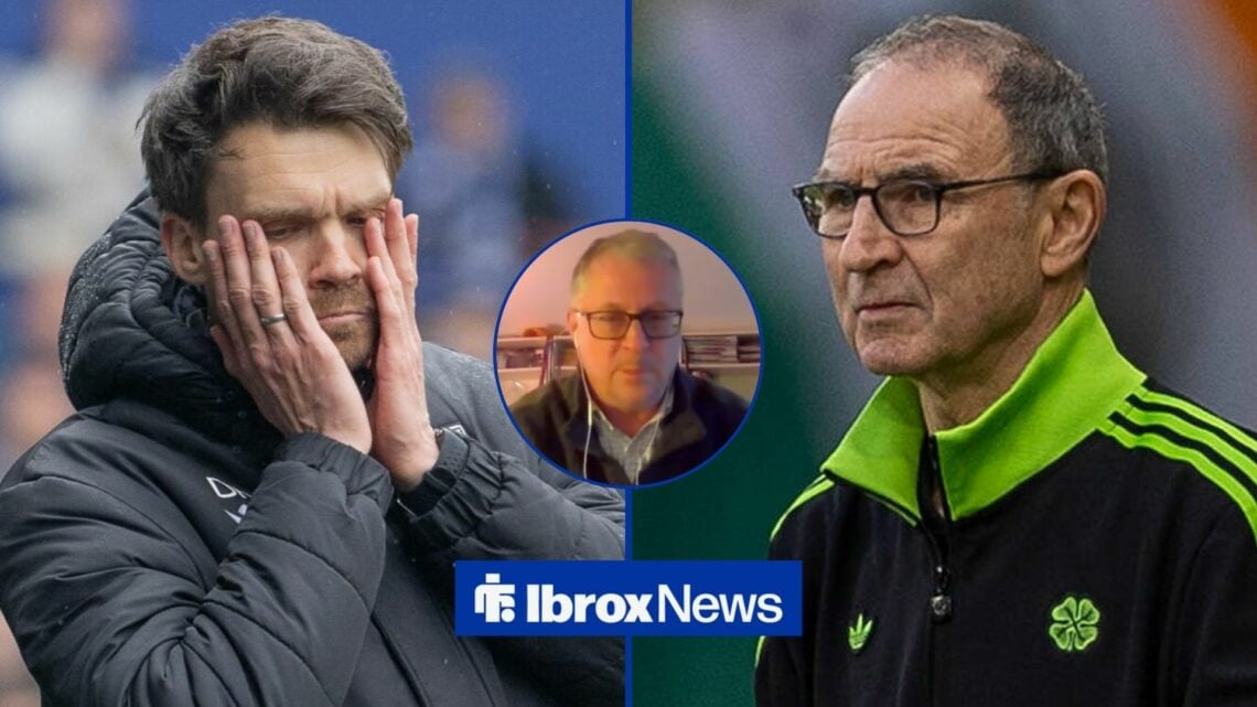 Danny Rohl looking frustrated towards Celtic boss Martin O'Neill with a circle inset of Tom English in between