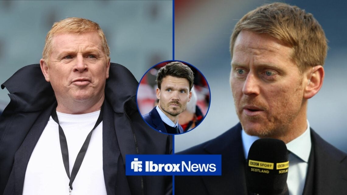 Neil Lennon and Michael Stewart straight faced with Danny Rohl in middle circular inset