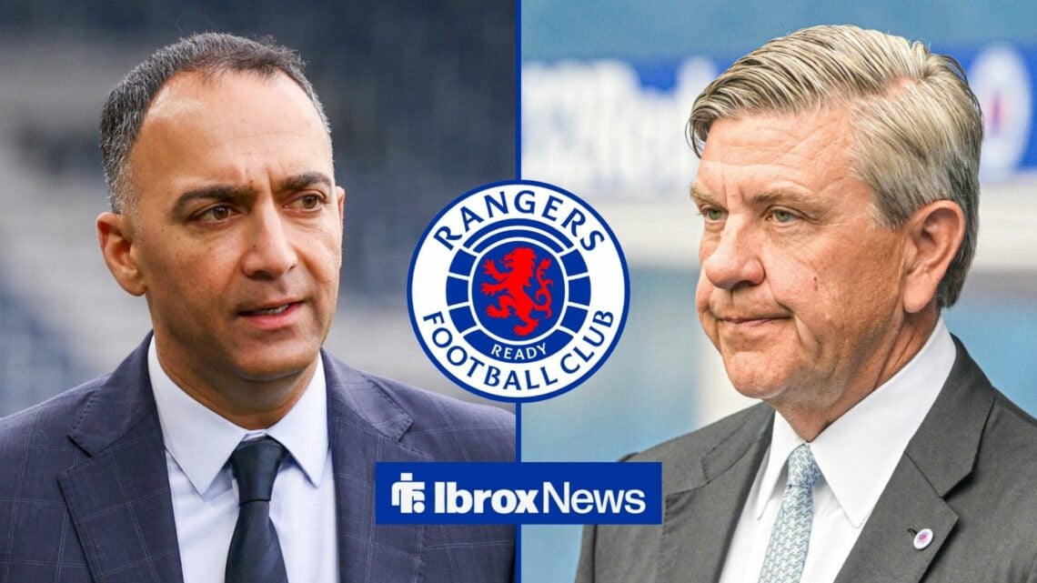 Paraag Marathe and Andrew Cavenagh looking at one another with a concerned expression as a Rangers badge looms.