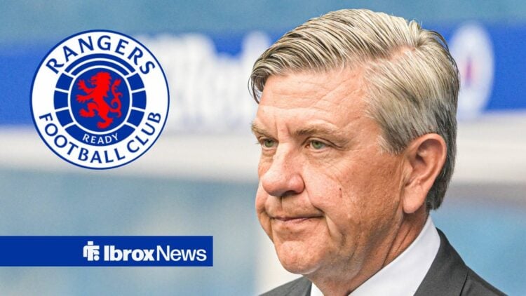 Andrew Cavenagh looking at Rangers badge in circular inset