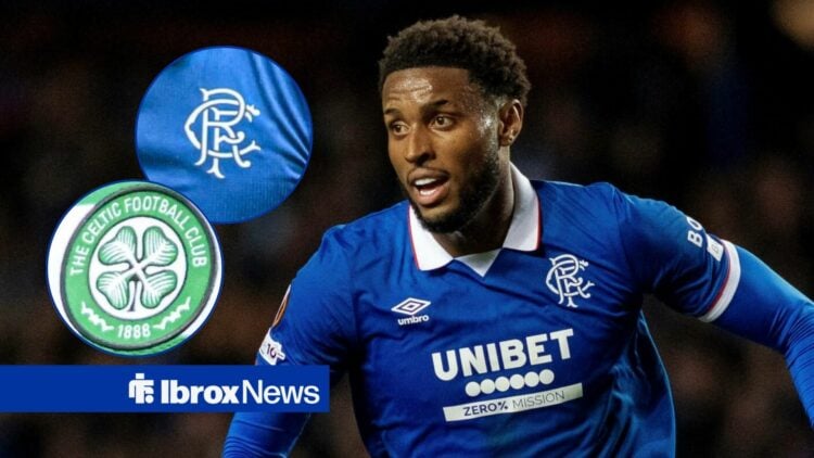 Youssef Chermiti in a Rangers shirt and Celtic and Rangers badges in round overlays