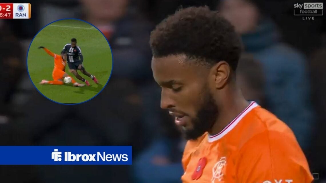 Youssef Chermiti looks to the floor and his foul on Tony Yogane in a circular overlay