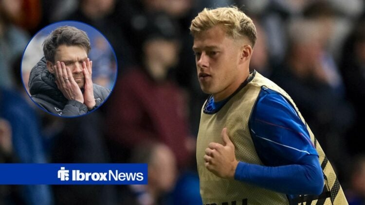 Rangers midfielder Connor Barron warms up on the touchline, as manager Danny Rohl has his head in his hands in a circular inset.