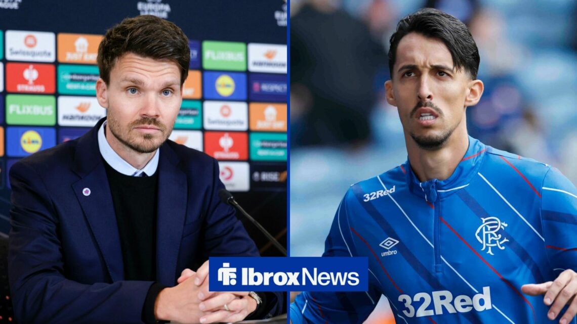 A split image as Rangers manager Danny Rohl sits in a press conference on the left, while Bojan Miovski warms up for a game on the right.