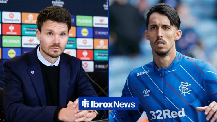 A split image as Rangers manager Danny Rohl sits in a press conference on the left, while Bojan Miovski warms up for a game on the right.