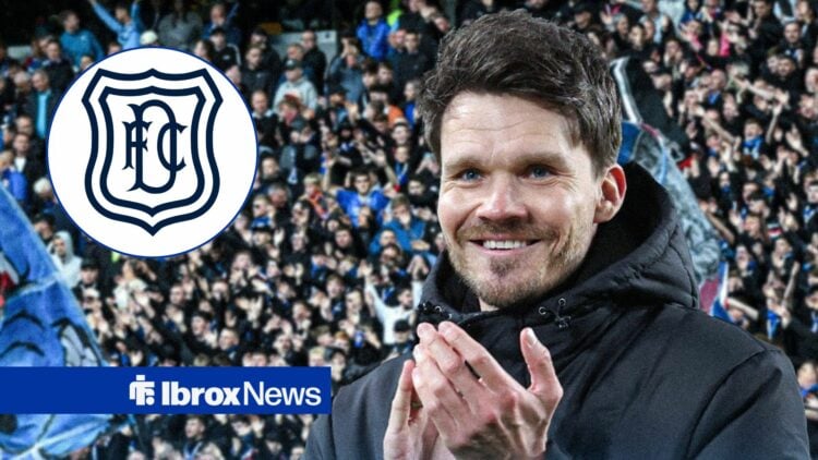 Rangers manager Danny Rohl applauds in front of the fans at Ibrox as the Dundee FC badge features in a circular inset.