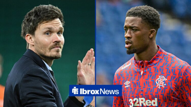 A split image as Rangers manager Danny Rohl applauds in the left half as Emmanuel Fernandez warms up for a game in the right half.