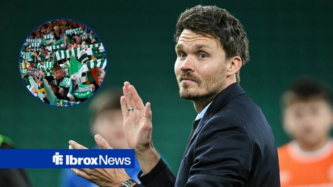 Rangers boss Danny Rohl looking happy, Celtic fans in inset.