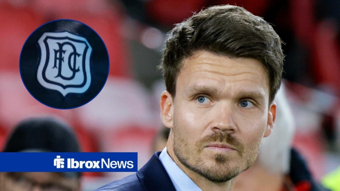 Rangers boss Danny Rohl looking concerned, Dundee badge in inset.