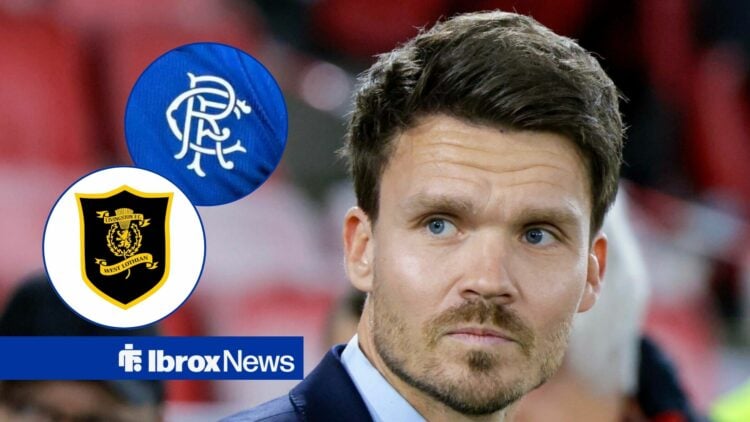 Rangers boss Danny Rohl looking angry, Gers badge and Livingston badge in inset.