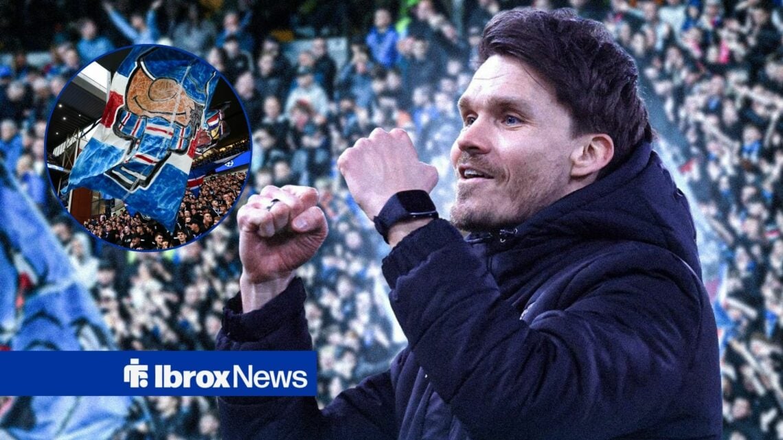 Rangers manager Danny Rohl punches the air in the direction of the fans, who wave a flag at Ibrox in a circular inset.