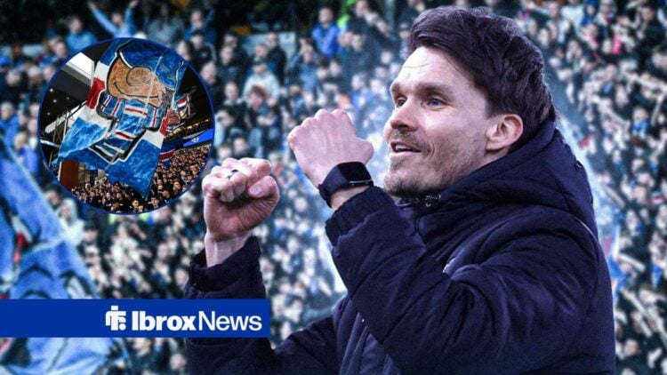 Rangers manager Danny Rohl punches the air in the direction of the fans, who wave a flag at Ibrox in a circular inset.