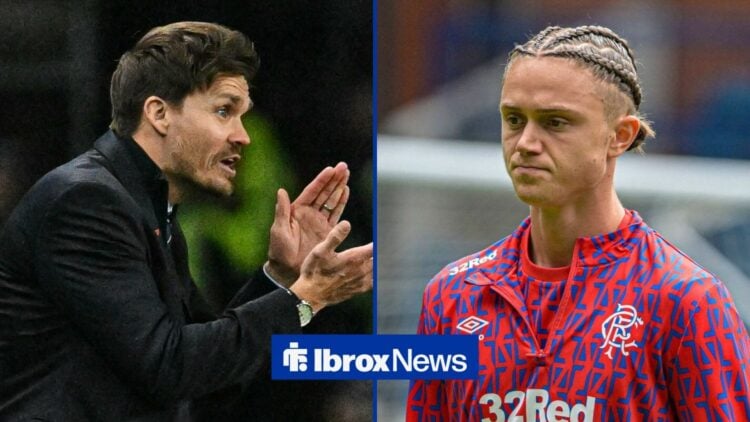 Rangers manager Danny Rohl applauds in the left half of a split image, as Thelo Aasgaard warms up for a game on the right.