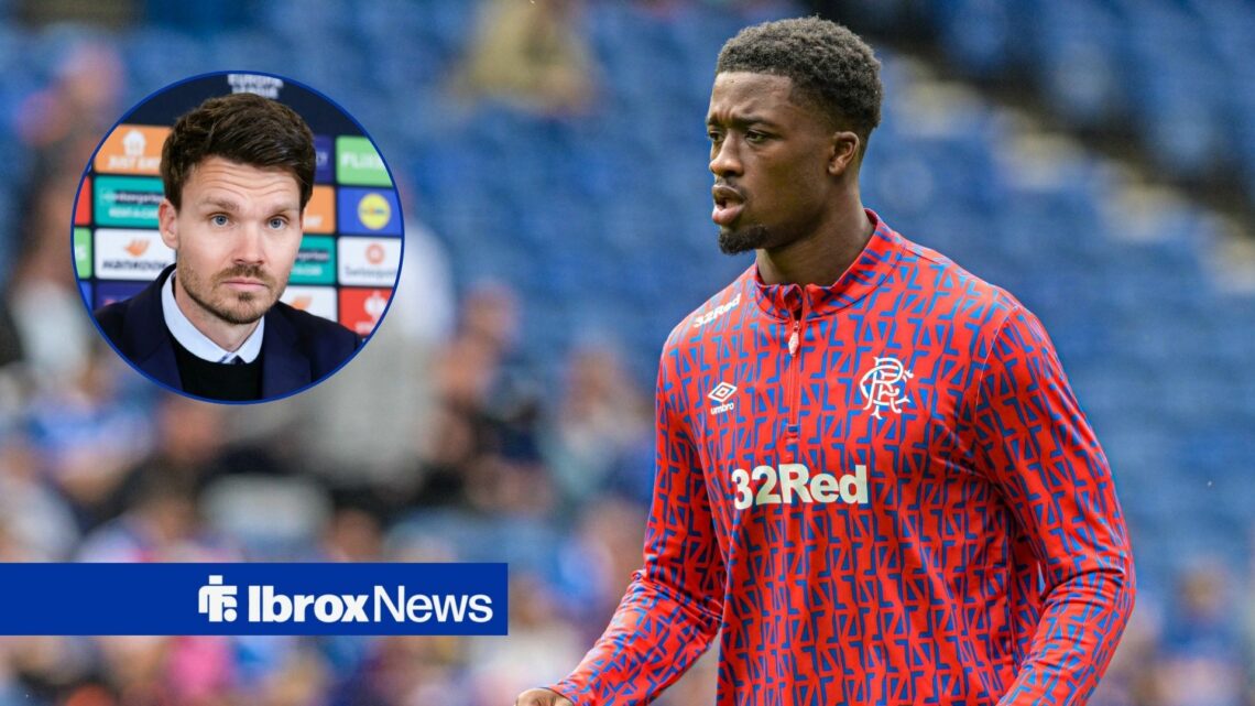 Emmanuel Fernandez warms up for Rangers, as manager Danny Rohl stares across from a circular inset.