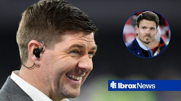 Steven Gerrard smiling with Rangers boss Danny Rohl inset