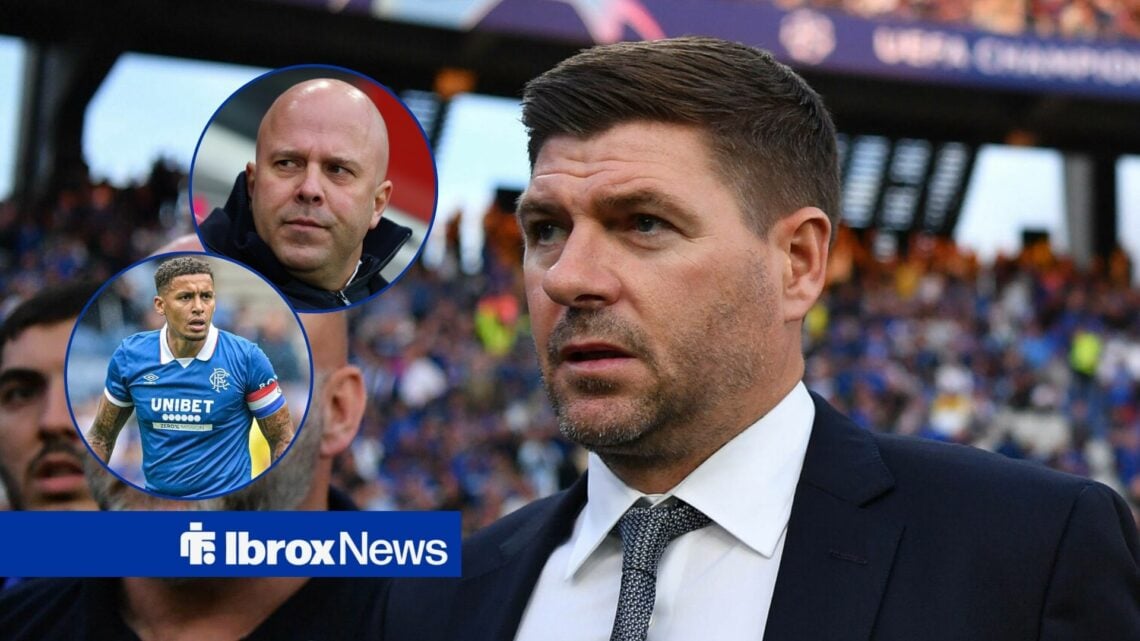 Steven Gerrard in a suit with Arne Slot and James Tavernier in circular overlays