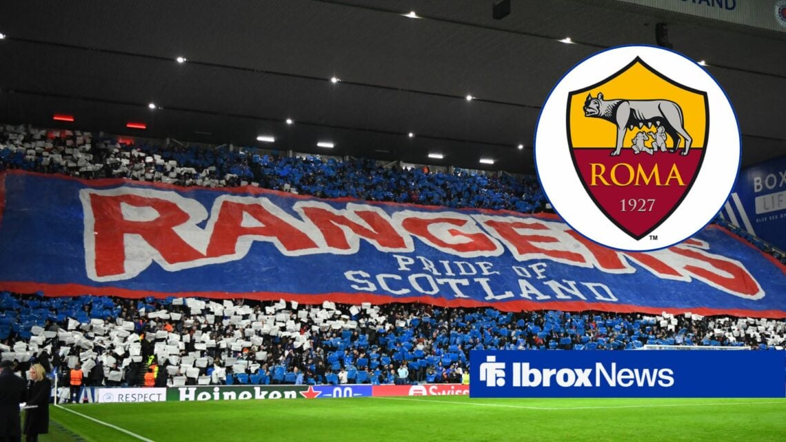 Rangers fans hold up a tifo before a game at Ibrox, as the Roma badge features in a circular inset.