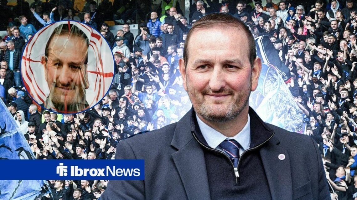 Rangers chief Kevin Thelwell looking happy, banner against him in inset.