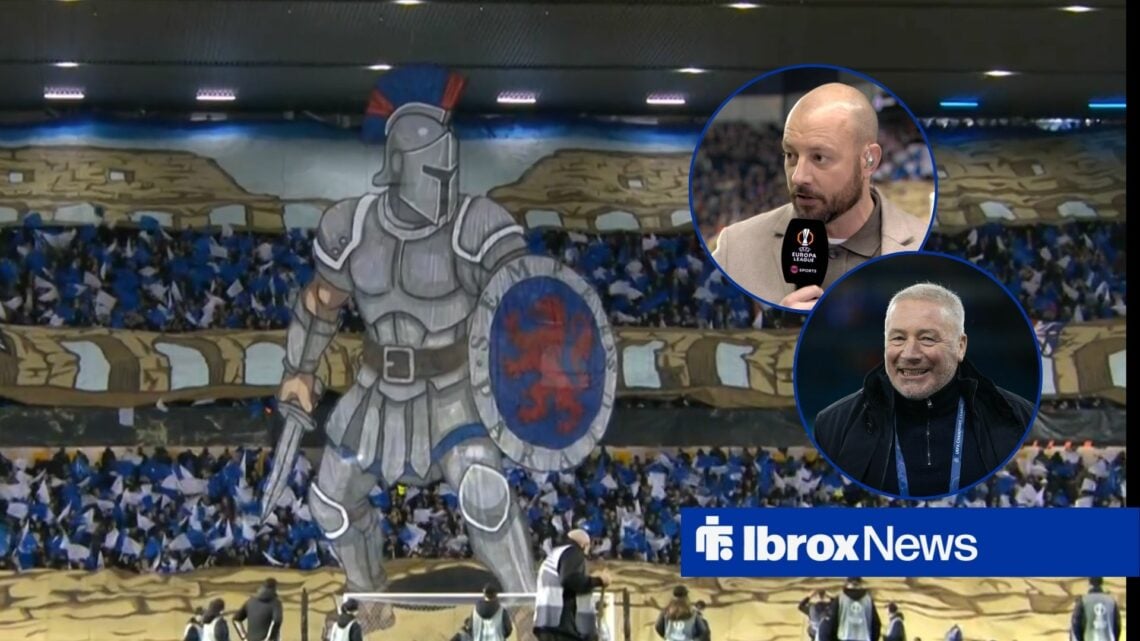 Rangers fan tifo at Ibrox with Alan Hutton and Ally McCoist in round overlays