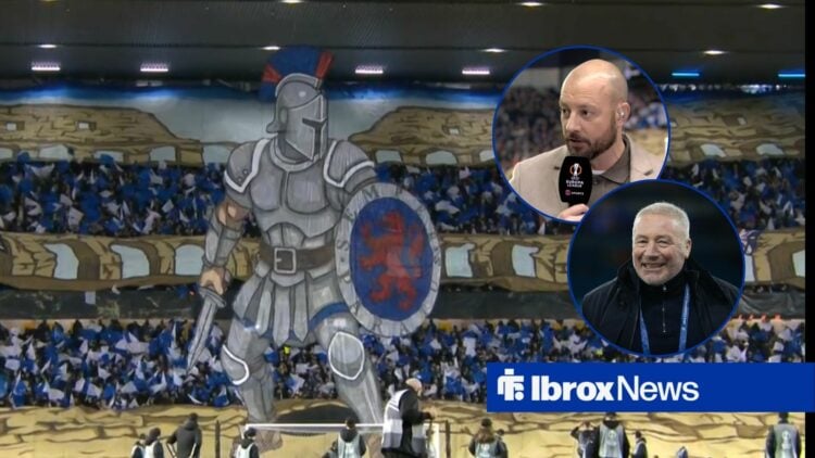 Rangers fan tifo at Ibrox with Alan Hutton and Ally McCoist in round overlays