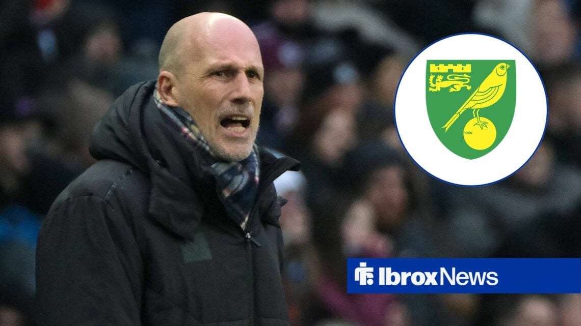 Former Rangers boss Philippe Clement looking upset, Norwich badge in inset.