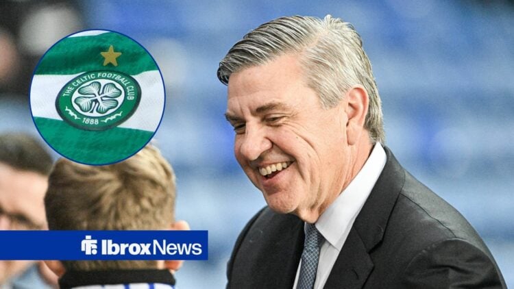 Rangers chairman Andrew Cavenagh and Celtic badge in circular inset