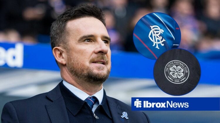 Barry Ferguson and Rangers and Celtic badges in circular insets