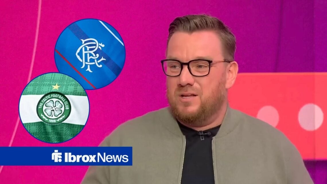 Jamie O'Hara with Rangers and Celtic badges in circular insets