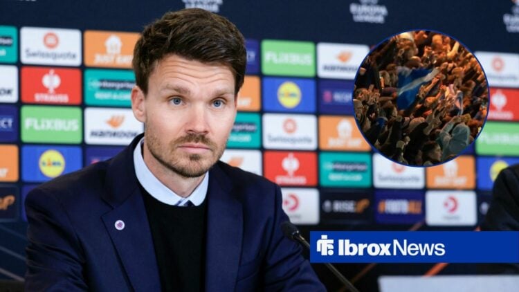 Rangers boss Danny Rohl looking upset, Scotland fans in inset.