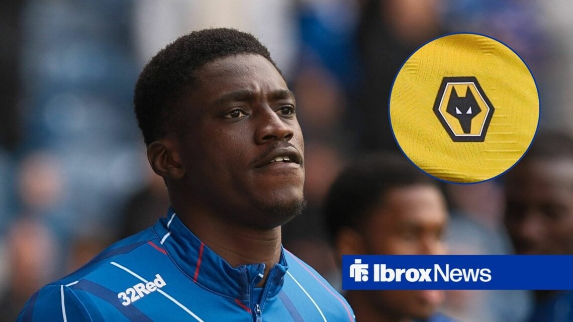 Rangers defender Nasser Djiga and Wolves logo in circular inset