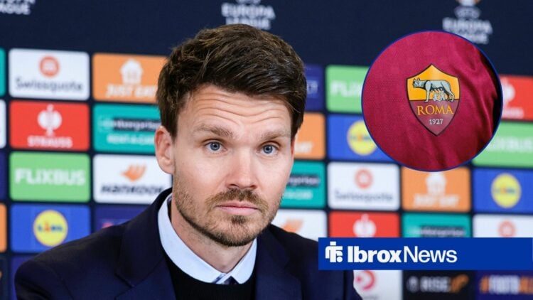 Rangers manager Danny Rohl and Roma badge in circular inset