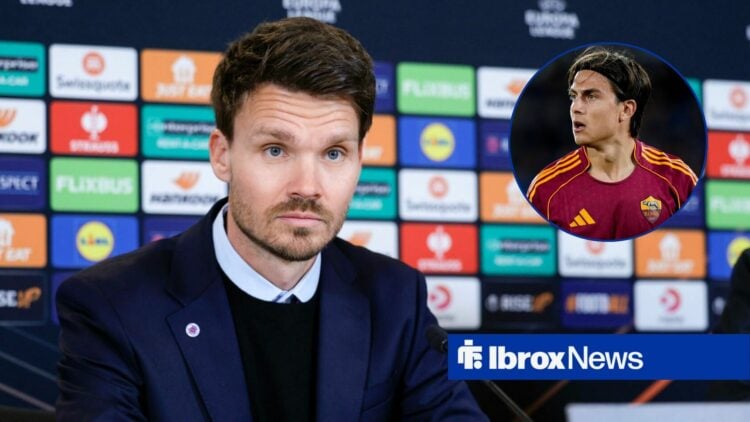 Rangers manager Danny Rohl in press conference, Roma ace Paulo Dybala in inset.