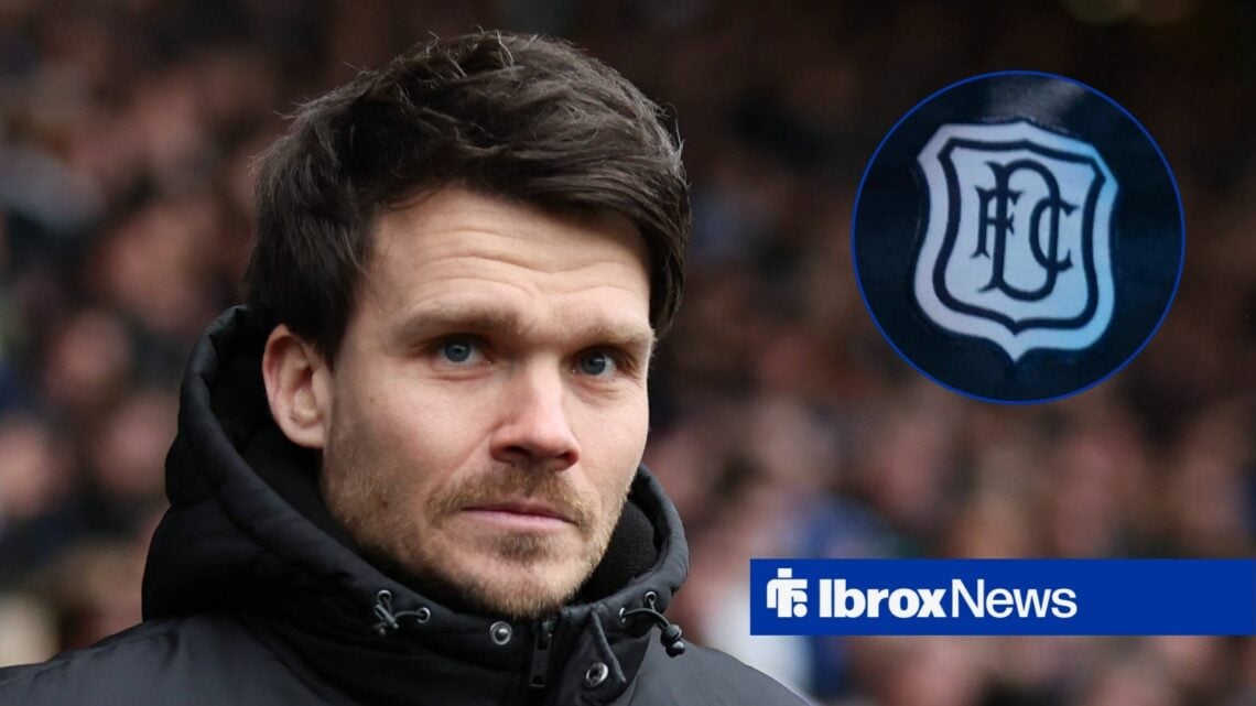 Danny Rohl focused on Dundee United badge in circular inset