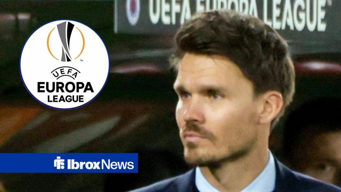 Danny Rohl focused on UEFA Europa League badge in circular inset