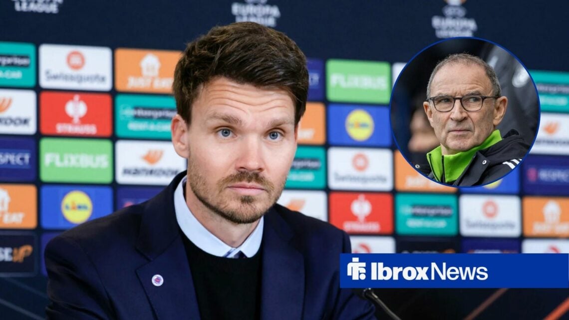 Danny Rohl in a Rangers press conference with Martin O'Neill in a round overlay