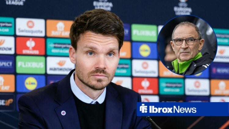 Danny Rohl in a Rangers press conference with Martin O'Neill in a round overlay