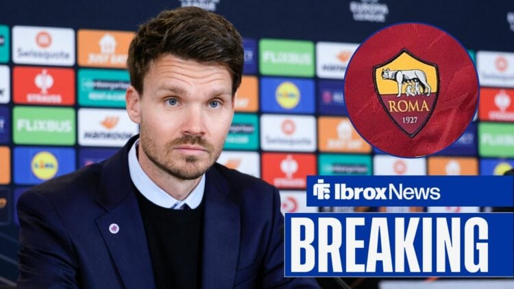 Danny Rohl in a Rangers press conference and Roma badge in round overlay over a Breaking banner