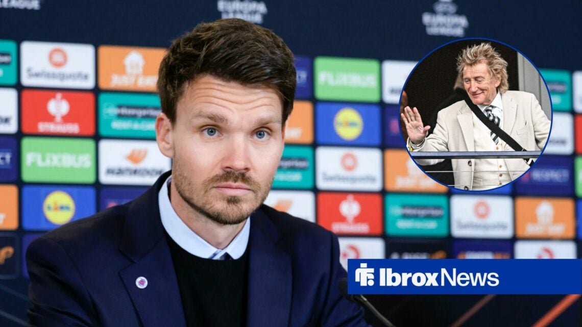 Danny Rohl in a press conference and Rod Stewart waving in a round overlay