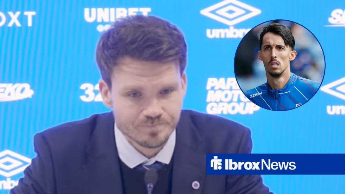 Danny Rohl speaking at a press conference, with Bojan Miovski in a circular frame inset