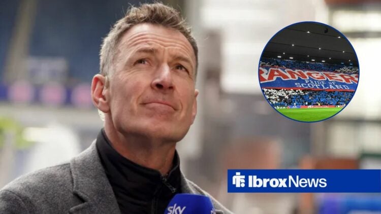 Chris Sutton looking smug, with a circular frame inset of Ibrox