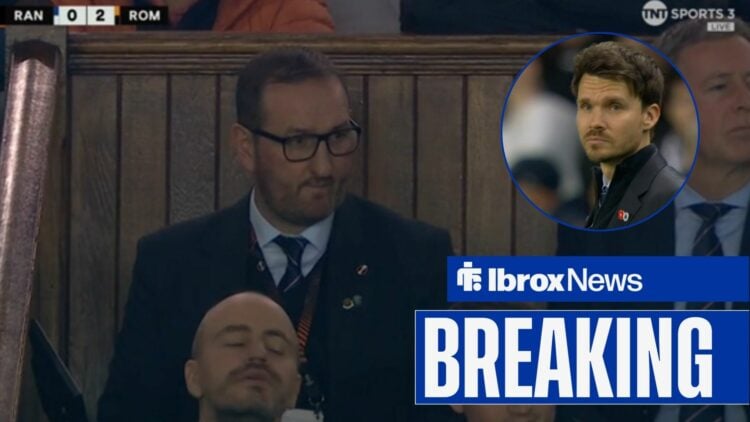 Kevin Thelwell in the stands at Ibrox and Danny Rohl in a round overlay